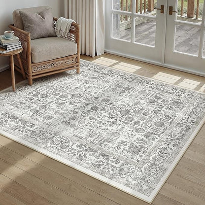 PureCozy Black Area Rug 4x6 Office Entryway Rug Machine Washable Kitchen Vintage Distressed Non Slip Carpet Indoor Retro Floral Accent Throw Door Mat for Bathroom Bedroom Dining Living Room