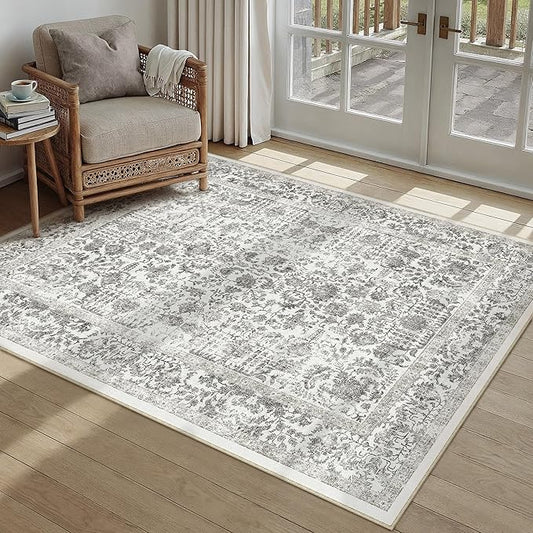 PureCozy Black Area Rug 4x5 Office Entryway Rug Machine Washable Kitchen Vintage Distressed Non Slip Carpet Indoor Retro Floral Accent Throw Door Mat for Bathroom Bedroom Dining Living Room