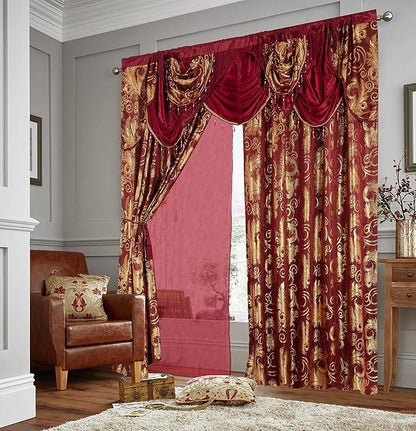 GLORY RUGS Jacquard Luxury Window 2 Panel Set Burgundy Gold Curtain with Attached Valance and Backing Bedroom Living Room Dining 2 Curtains 55x84 inches Each Jana