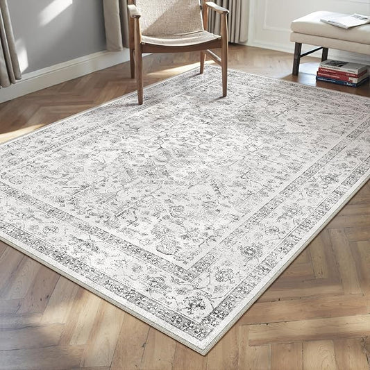 PureCozy Grey 3x4 Entryway Rug Vintage Area Carpet Indoor Kitchen Washable Neutral Door Mat Entrance Small Low Pile Traditional Distressed Gray Retro Accent Throw Rug Non Slip Office Bathroom