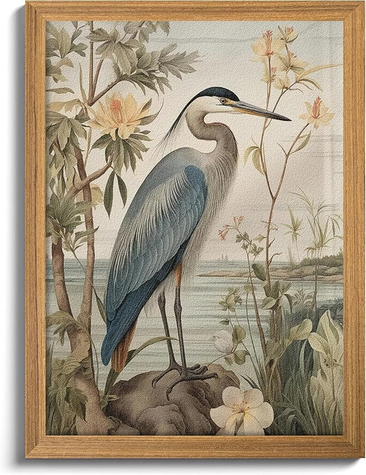 Framed William Morris Heron Wall Art, Vintage 3D Textured Botanical Wall Decor, Hand Drawn Sandstone Wildlife Picture Artwork, Modern Farmhouse Decor for Bedroom Living Room 12x16 inch