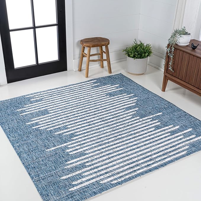 JONATHAN Y Stripe Geometric Indoor Outdoor Square Area Rug 5X5 Blue/Ivory, Zolak Berber for Backyard, Patio, Porch, Easy-Cleaning, High Traffic, Pet-Friendly, Non-Shedding (SMB124C-5SQ)
