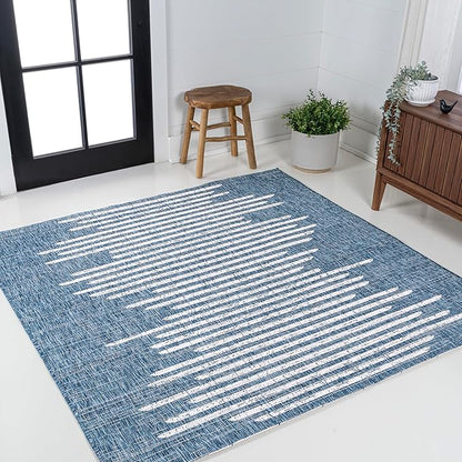 JONATHAN Y Stripe Geometric Indoor Outdoor Square Area Rug 6X6 Blue/Ivory, Zolak Berber for Backyard, Patio, Porch, Easy-Cleaning, High Traffic, Pet-Friendly, Non-Shedding (SMB124C-6SQ)