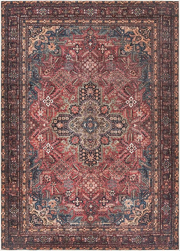Bloom Rugs Washable Non-Slip 6' x 9' Rug - Red/Teal Blue/Yellow Traditional Medallion Area Rug for Living Room, Bedroom, Dining Room, and Kitchen - Exact Size: 6' x 9'