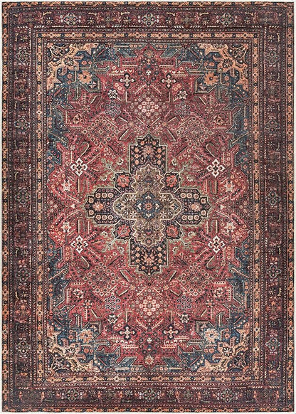 Bloom Rugs Washable Non-Slip 6' x 9' Rug - Red/Teal Blue/Yellow Traditional Medallion Area Rug for Living Room, Bedroom, Dining Room, and Kitchen - Exact Size: 6' x 9'