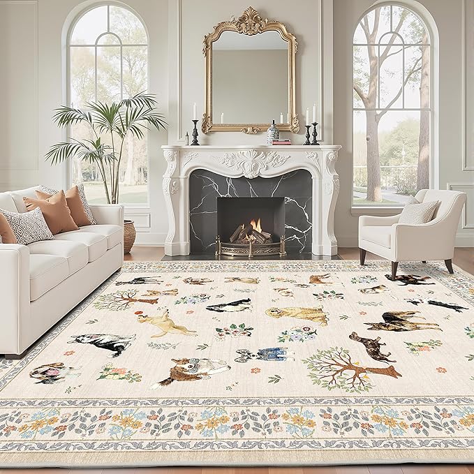 Dog Area Rugs Beige, 5x7 Rug for Bedroom Ultra-Thin Soft, Non-Slip Washable Rugs Stain Resistant Boho Rug Low-Pile Throw Rug for Dining Room Office (5 x 7, Beige)