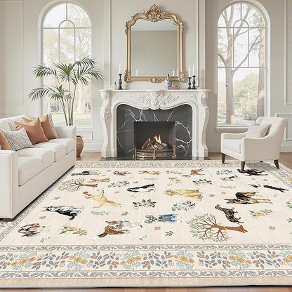 Dog Area Rugs Beige, 5x7 Rug for Bedroom Ultra-Thin Soft, Non-Slip Washable Rugs Stain Resistant Boho Rug Low-Pile Throw Rug for Dining Room Office (5 x 7, Beige)