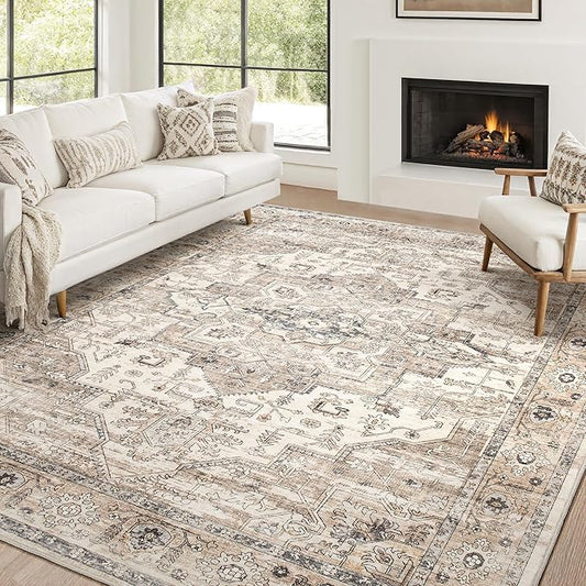 Area Rug 10x14 Washable Vintage - Soft Traditional Rug for Living Room Bedroom Dining Room or Home Office -Non Slip Backing Large Rugs with Low Pile Farmhouse Oriental Retro Carpet - Tea Brown