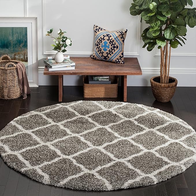 SAFAVIEH Hudson Shag Collection Area Rug - 3' Round, Grey & Ivory, Moroccan Trellis Design, Non-Shedding & Easy Care, 2-inch Thick Ideal for High Traffic Areas in Living Room, Bedroom (SGH283B)