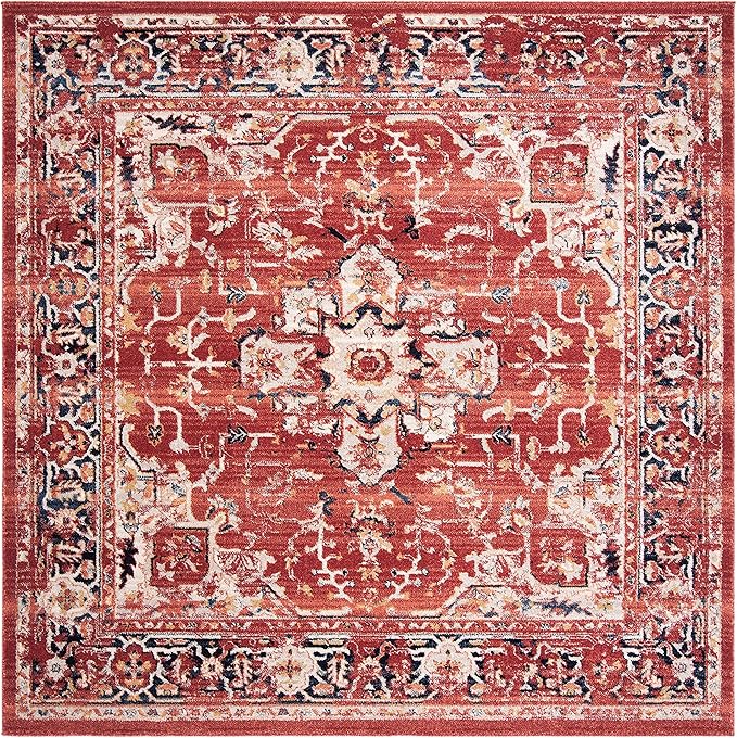 SAFAVIEH Charleston Collection Area Rug - 5' Square, Red & Ivory, Oriental Distressed Design, Ideal for High Traffic Areas in Living Room, Bedroom, Dining Room (CHL411Q-5SQ)