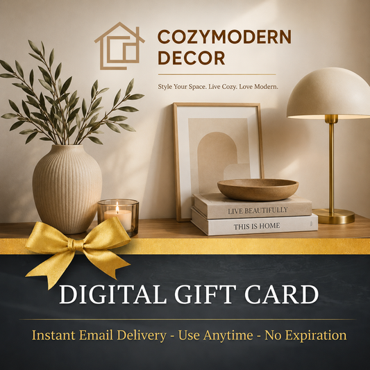 Digital gift card for Cozymodern Decor with decorative shelf featuring a vase, lamp, and books.